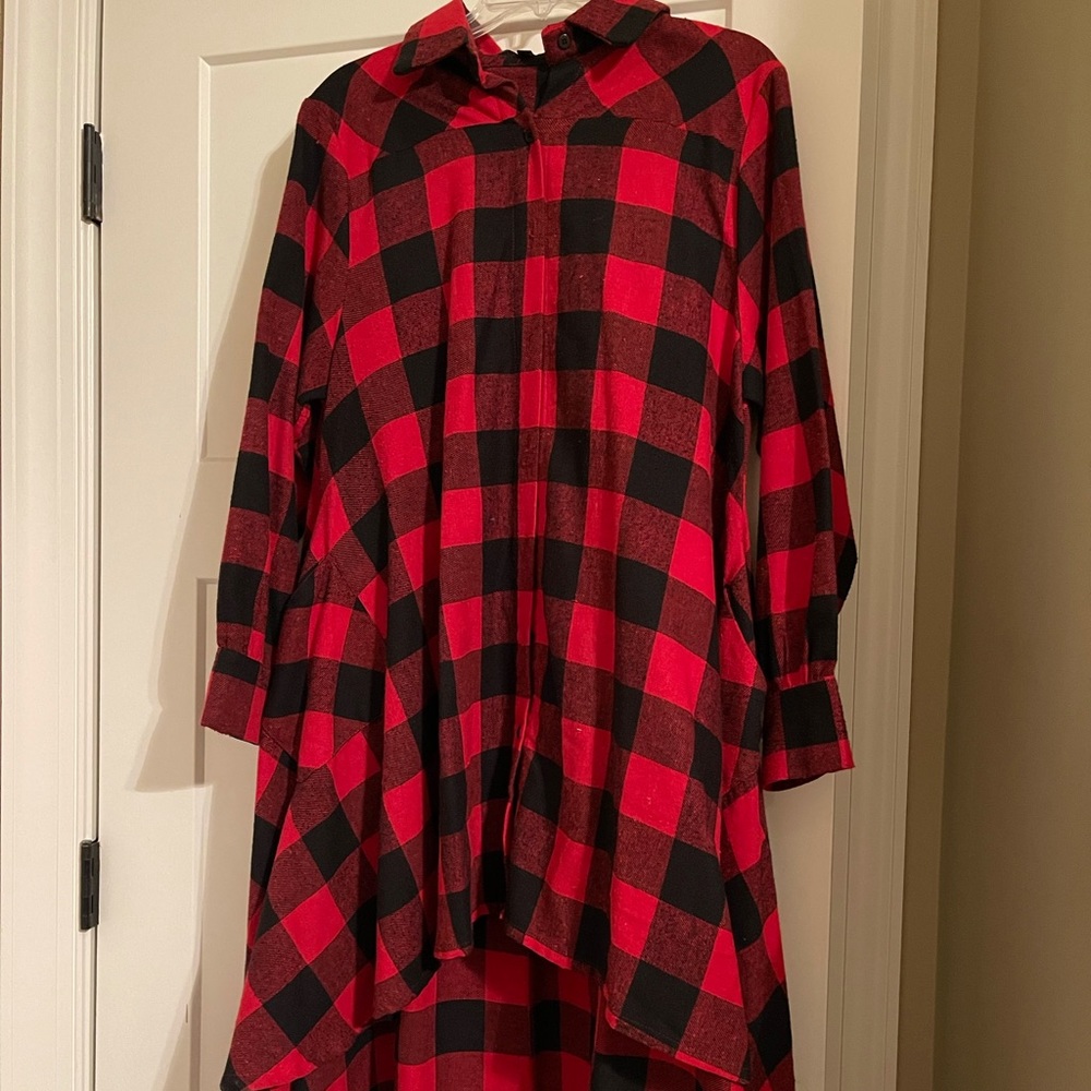 Buffalo plaid flannel high/low shirt dress